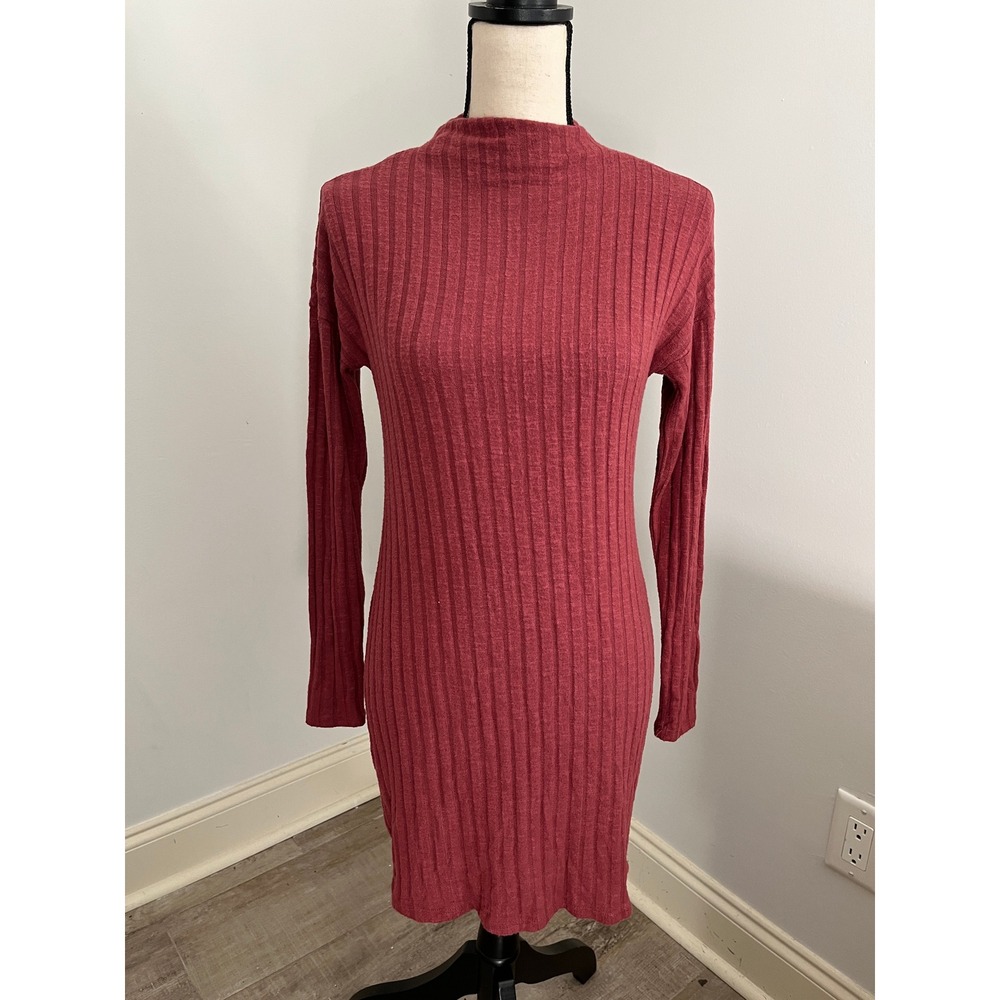 Minimalist Ribbed Mock Neck Dress XS Long Sleeve Y2K Fall Rust Red Cabin Preppy
